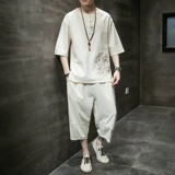 Футболка с коротким рукавом, летний тонкий хлопковый комплект, китайский стиль, большой размер, с вышивкой, из хлопка и льна