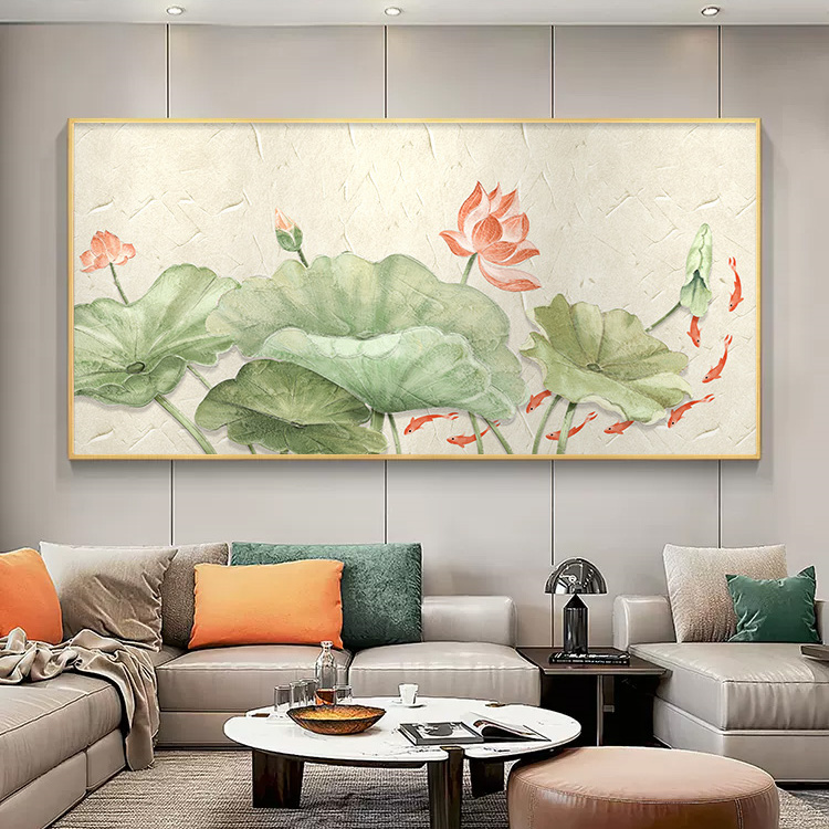 纯手绘油画 新中式客厅荷花九鱼图招财挂画横幅沙发壁画肌理感