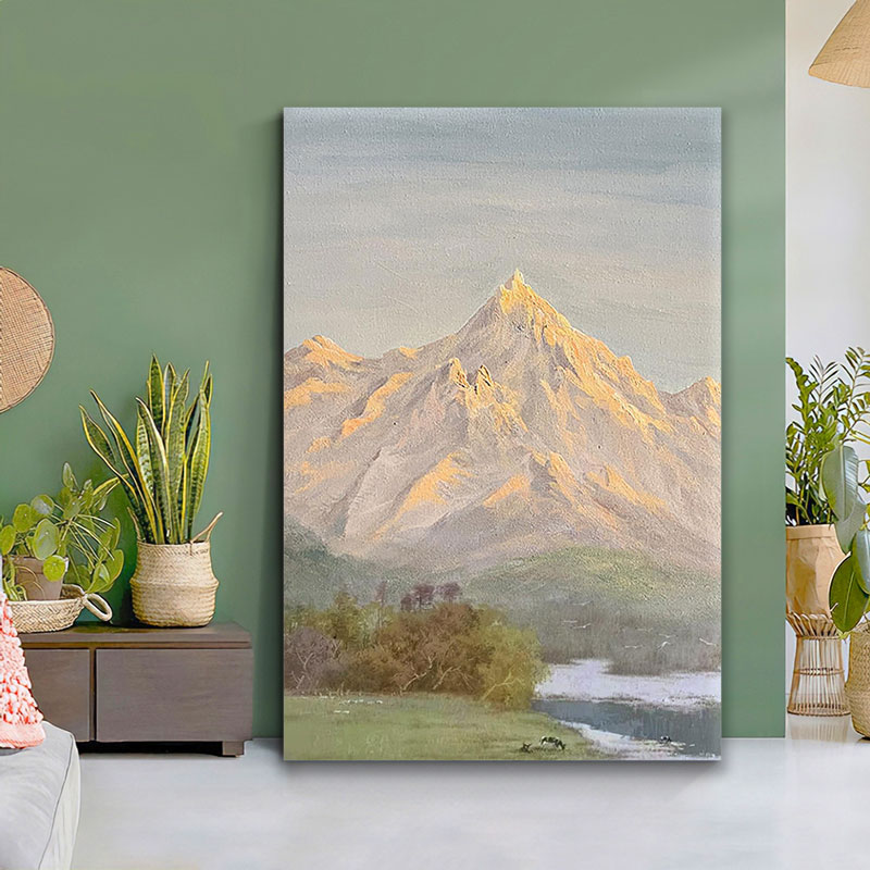 日照金山手绘壁画玄关石英砂装饰画客厅抽象风景挂画肌理质感油画