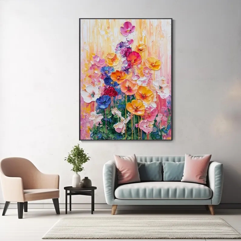 大芬村纯手绘油画现代抽象彩色花卉肌理感客厅装饰画餐厅卧室挂画图片
