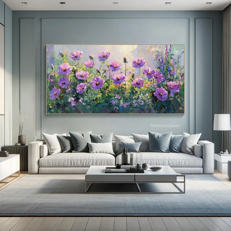 大芬村纯手绘油画抽象紫色花卉肌理感客厅装饰画横版卧室餐厅挂画图片