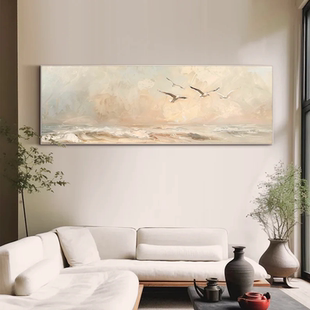 大芬村手绘油画侘寂风大海风景海鸥客厅装饰画横版办公室书房挂画