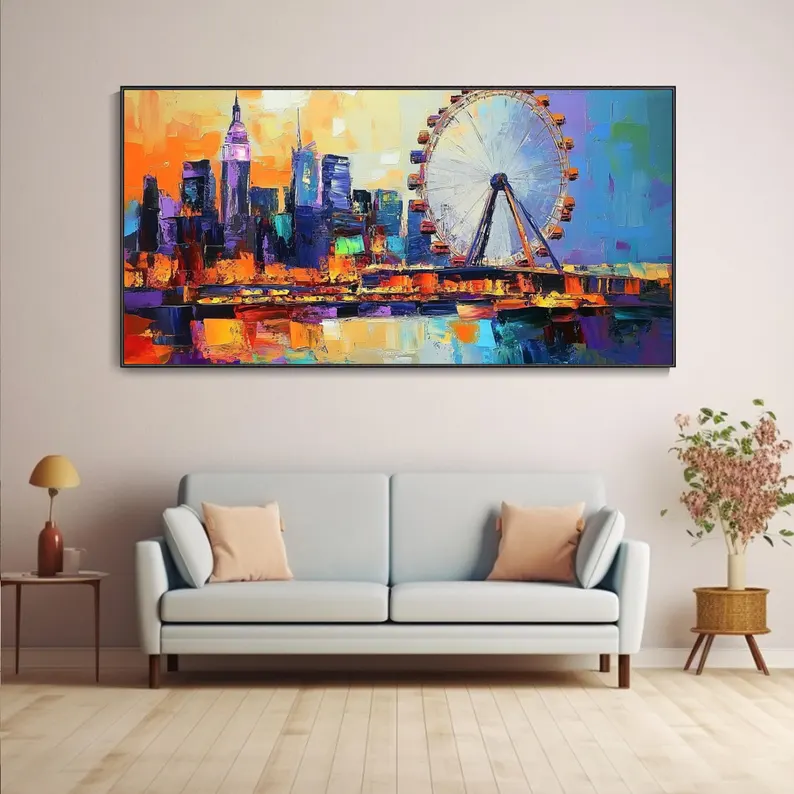 大芬村纯手绘油画城市建筑风景摩天轮客厅装饰画北欧轻奢卧室挂画