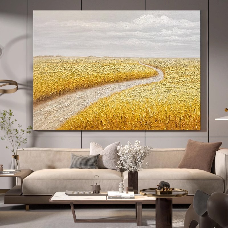 金色麦穗轻奢客厅装饰画纯手绘油画立体厚肌理挂画寓意好岁岁平安图片