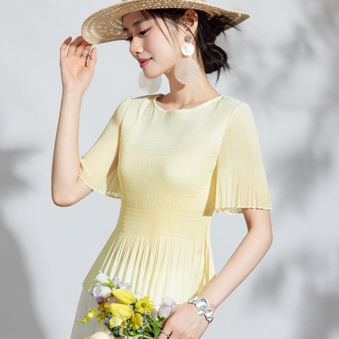 短袖女碎花褶皱修身洋气显瘦上衣