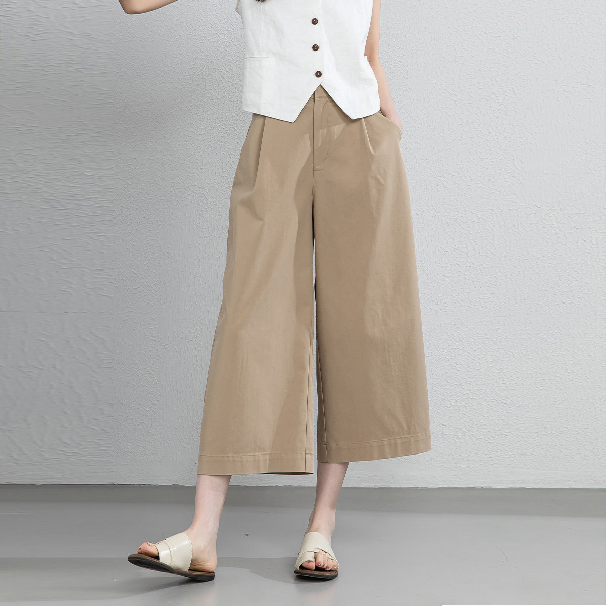 夏季卡其色七分直筒休闲裤宽松显瘦可调节腰围高腰阔腿八分裙裤女