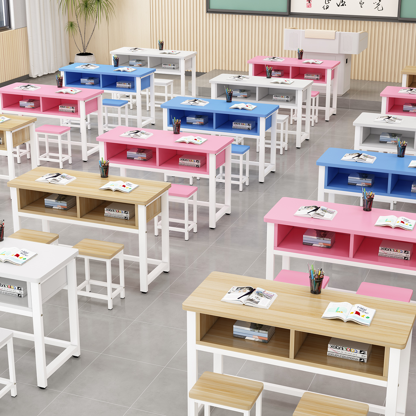中小学生课桌椅带抽屉单双人学校教室托管班辅导班教培机构培训桌