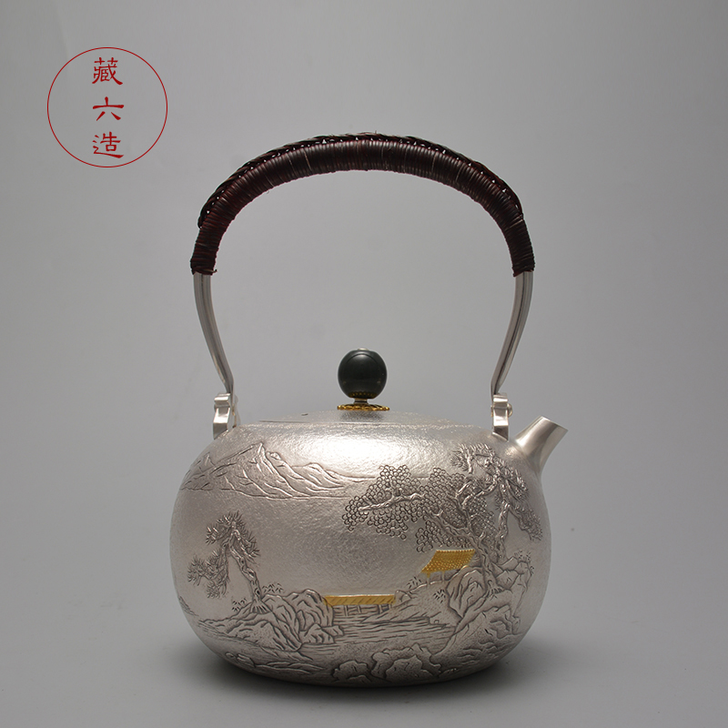 藏六造 松桥横渡银壶 纯手工一张打高端錾刻 纯银999烧水壶煮茶壶