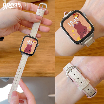 适用华为fit3/4pro手表撞色油边真皮荔枝纹理细款表带小蛮腰腕带