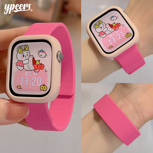适用于华为fit345pro手表一体荔枝纹硅胶磁吸表带搭配保护壳女款