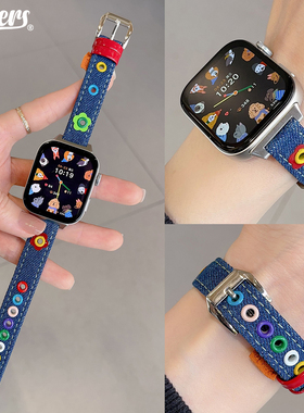 适用华为fit34pro手表牛仔花花细腕带多巴胺个性撞色休闲表带女