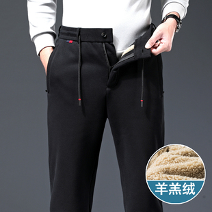 冬季加绒加厚男士休闲裤直筒宽松运动裤秋冬中年爸爸羊羔绒男裤子