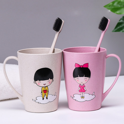 小麦秸秆女孩三口之家防摔刷牙杯