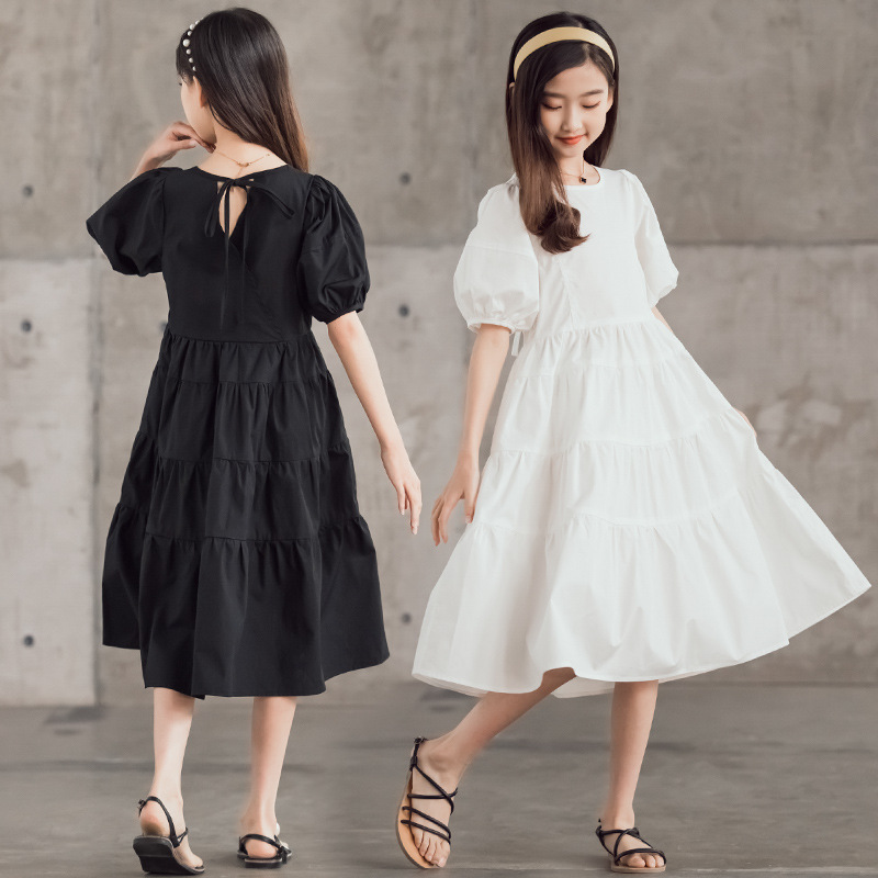 女童连衣裙2021新款洋气中大儿童夏装短袖黑色白色宽松蛋糕公主裙