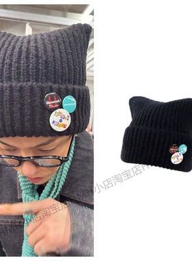 GD权志龙ins同款猫耳朵徽章power春秋冬保暖2025男女针织帽子新款