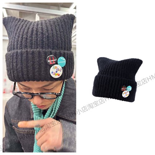 GD权志龙ins同款猫耳朵徽章power春秋冬保暖2025男女针织帽子新款
