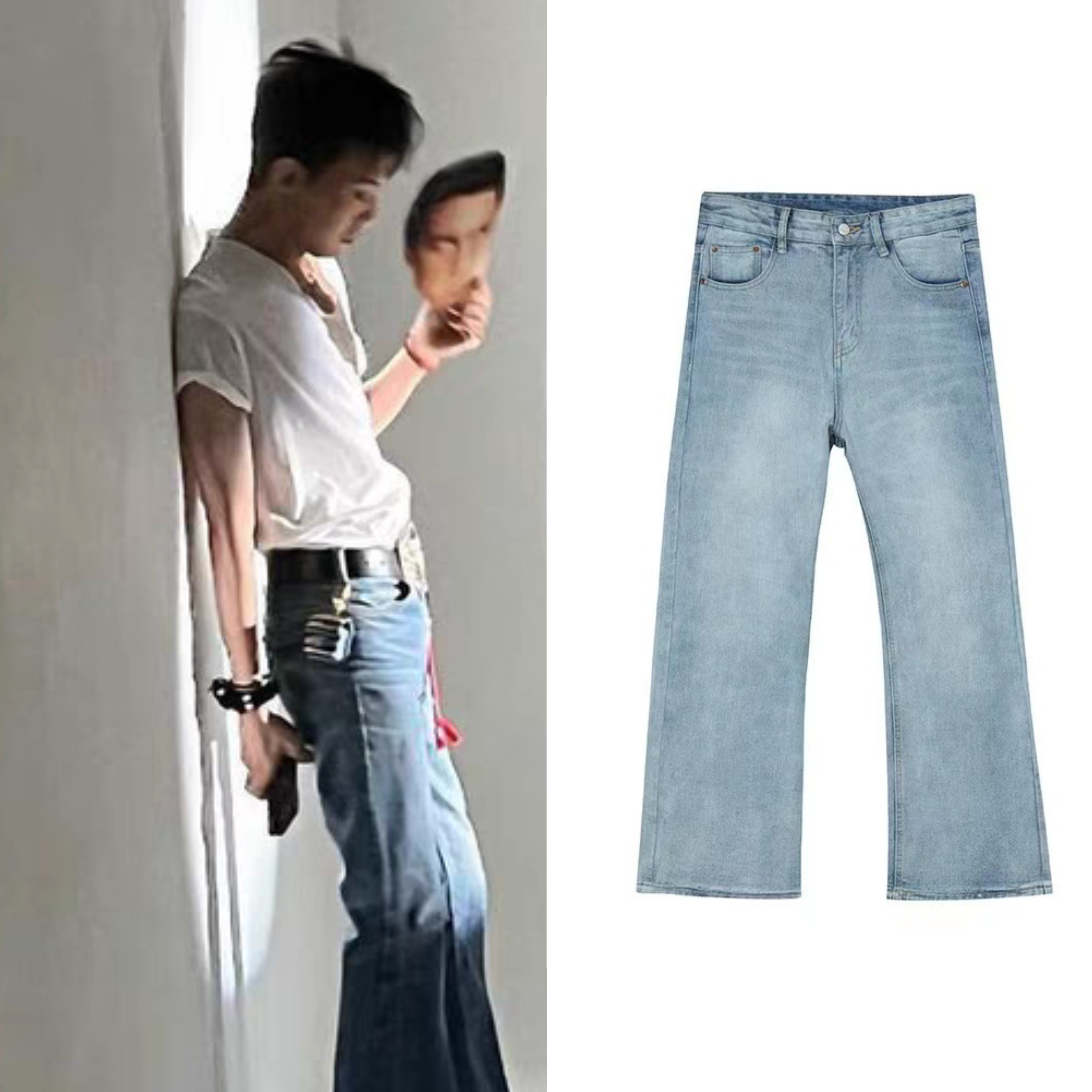 GD权志龙ins同款做旧牛仔裤潮流风向标ins复古原色微喇叭裤男休闲