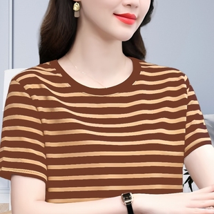 宽松遮肚半袖 t恤女大码 女装 条纹上衣 体恤妈妈装 新款 夏季 纯棉短袖