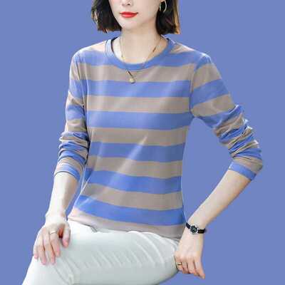 条纹长袖t恤女士纯棉中年妈妈装