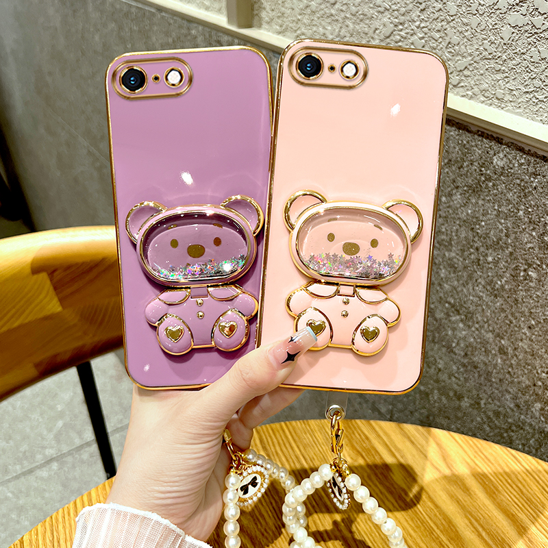 适用于苹果6splus手机壳iphone6plus电镀流沙爱心熊保护套珍珠手链补妆镜子卡通可爱女款全包防摔潮牌