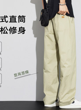 夏季纯棉休闲裤松紧腰宽松直筒裤子美式男生有型显高长裤百搭舒适