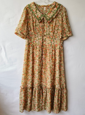 复古碎花夏季连衣裙翻领显瘦优雅减龄雪纺中长款LX230110