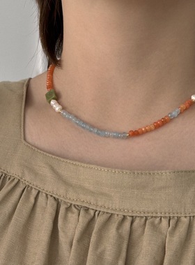 简约小清新天然石项链通体S925银