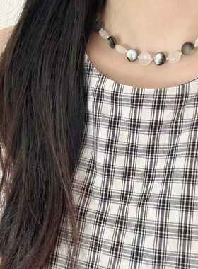 古着拼接天然石项链轻奢毛衣链