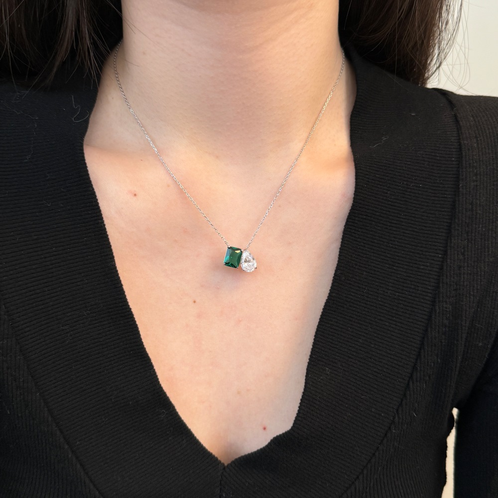 高碳钻彩色水滴项链925银方钻