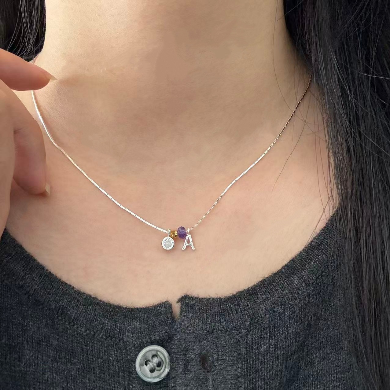 字母纯银项链甜美彩色石头竹节链