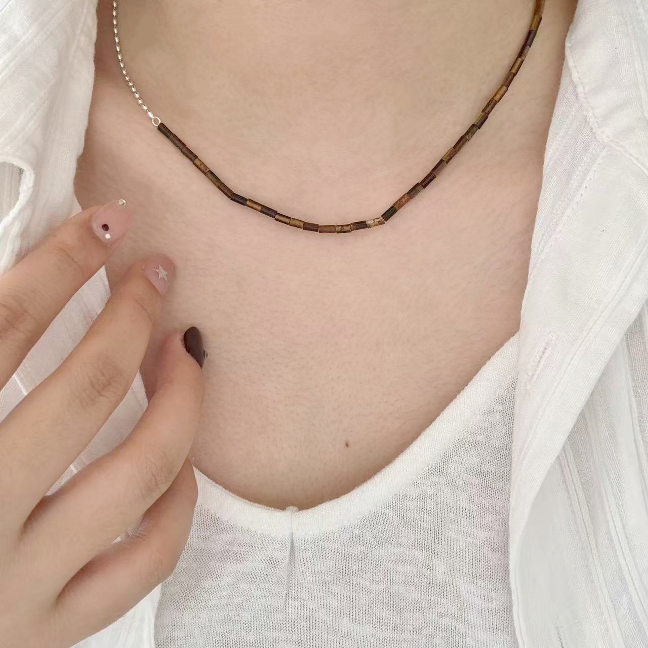 虎眼石拼接橄榄珠项链S925银秋冬天然石韩版纯银圆珠链设计锁骨链