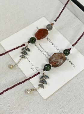 小米珠泰银项链水晶酒红色串珠