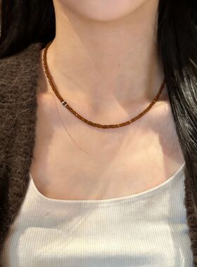 轻奢小米珠925银锁骨链虎眼项链