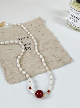 小香风贝母串珠红玛瑙S925银项链