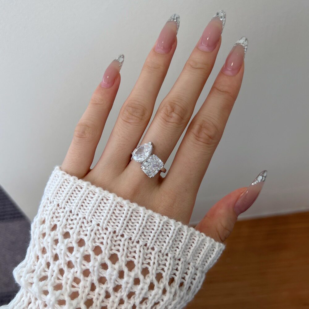 培育钻粉色水滴纯银戒指轻奢8A锆石欧美风S925双石指环冰花切银戒