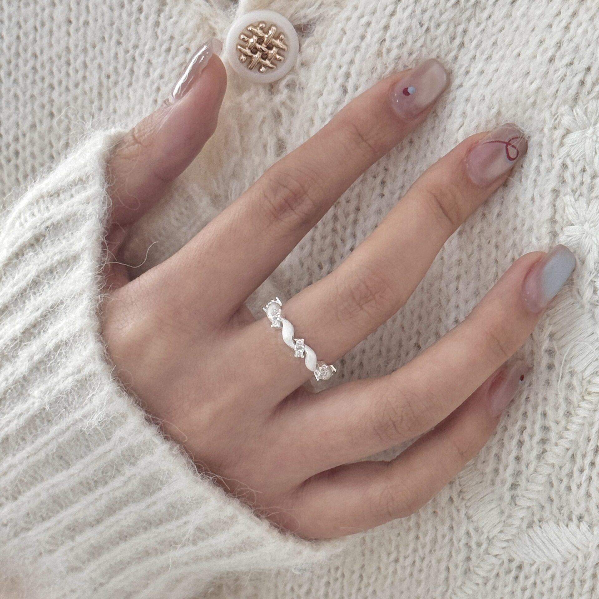 S925银高级感气质法式开口戒指叠戴韩版拉丝银戒简约闪钻麻花指环