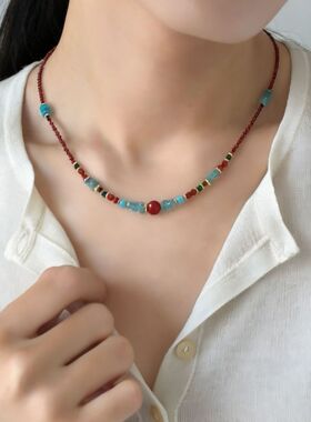 小众S925纯银串珠撞色天然石项链