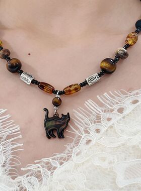 复古贝壳项链黑猫S925银锁骨链