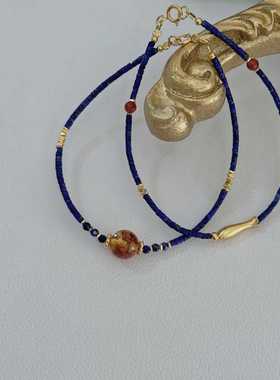 天然青金石小众镀金纯银手链国风