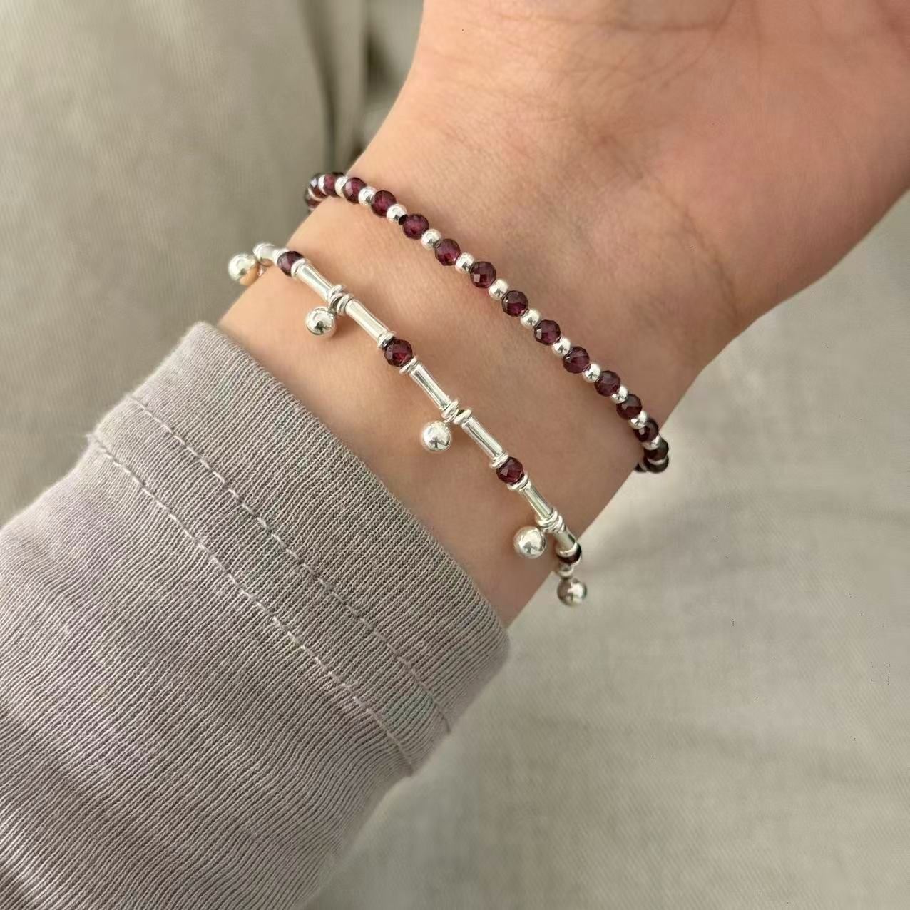 石榴石纯银手链韩系圆珠叠戴手串