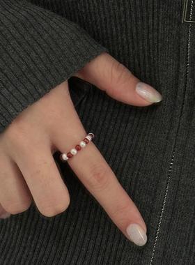 红玛瑙弹力戒指S925碎银子指环