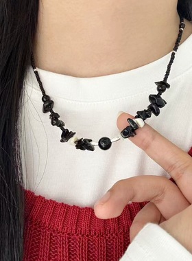 复古不规则黑玛瑙项链S925银串珠