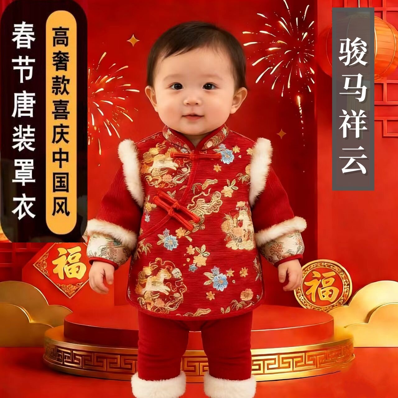 新年国风羽绒服罩衣女宝防水秋冬季外穿男儿童长袖唐装婴儿反穿衣