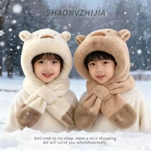 宝宝儿童帽子秋冬季男童女孩加厚护耳围脖保暖防寒风围巾一体女士