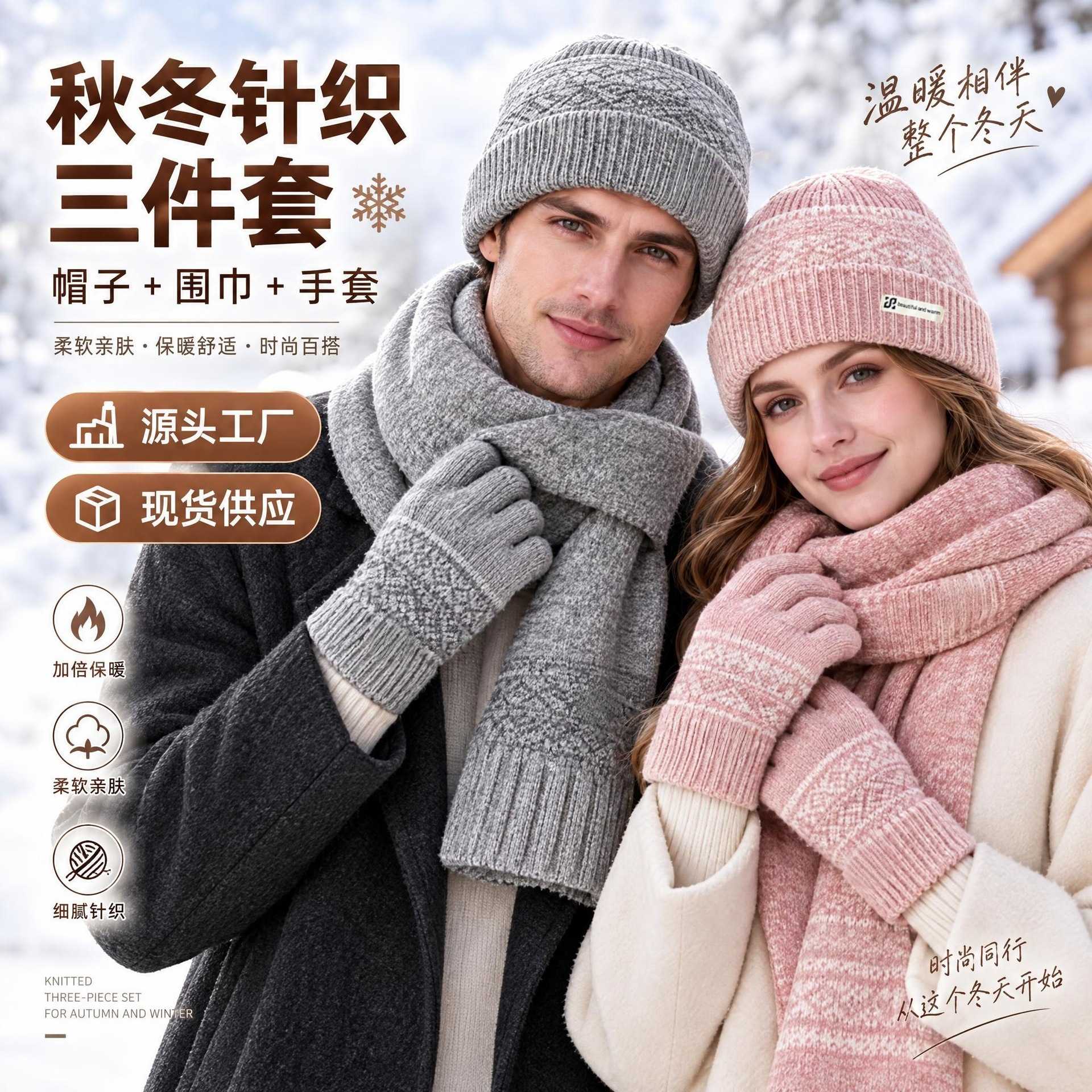 2026新款男女针织毛线围巾帽子手套三件套女冬季保暖新年礼物围脖