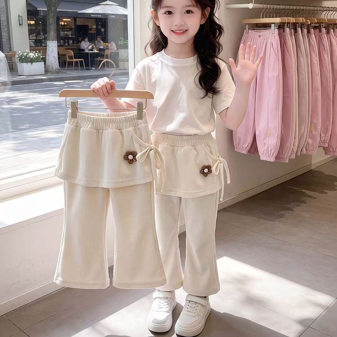 女童喇叭裤侧绑带短裙裤假两件