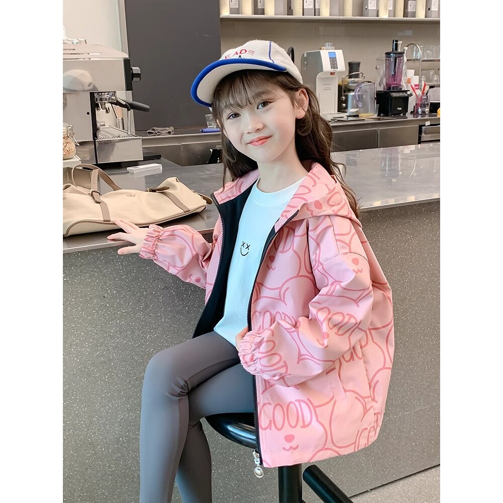 女童春装两面穿外套新款冲锋衣