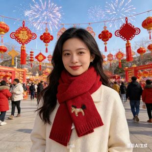 红色围巾女冬季2026新款加厚高级感女士围脖女生26新年韩系氛围感