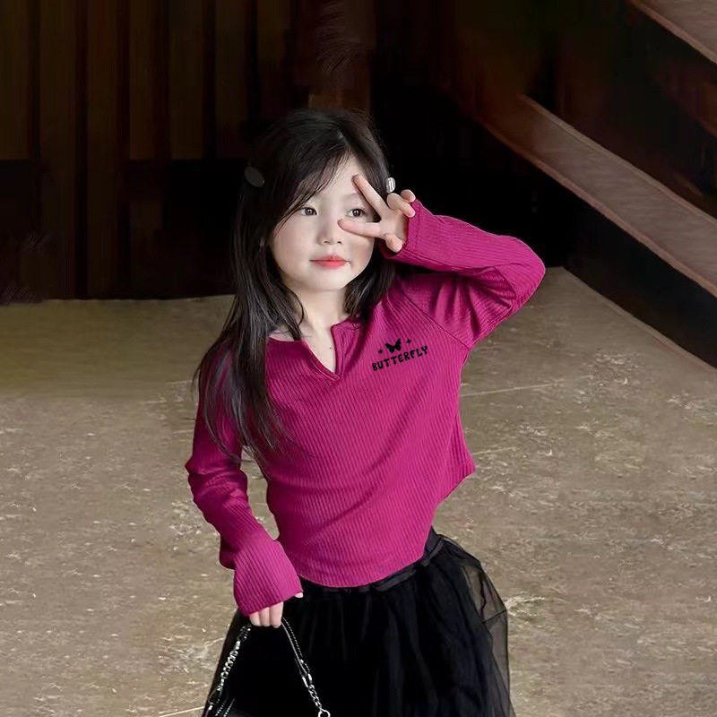女童打底衫小V领韩版纯色上衣