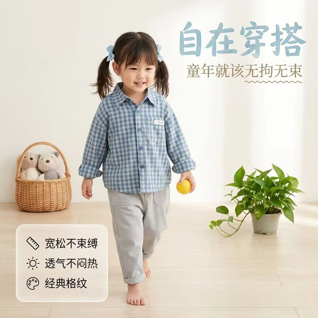 男女童春秋儿童韩版格子长袖衬衣